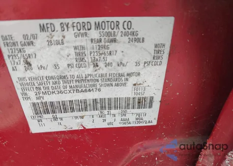 2007 Ford Edge Se z USA, uszkodzony, nr VIN 2FMDK36CX7BA64176